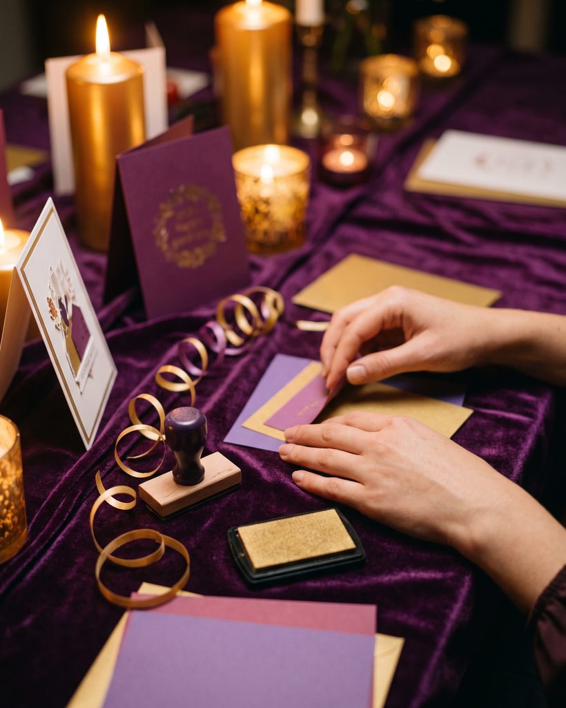 Hands assembling a handmade greeting card by candlelight, with cardstock, ribbon curls and a gold ink pad
