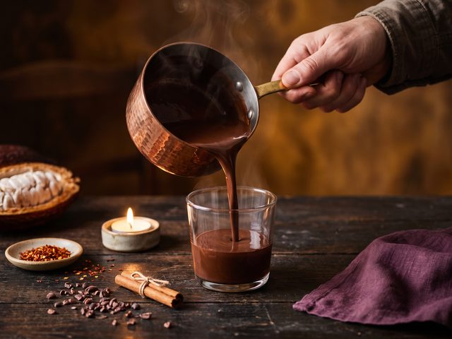 Thick dark hot chocolate being poured from a copper pan into a glass