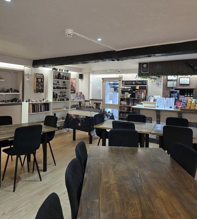 A party room with long wooden tables
