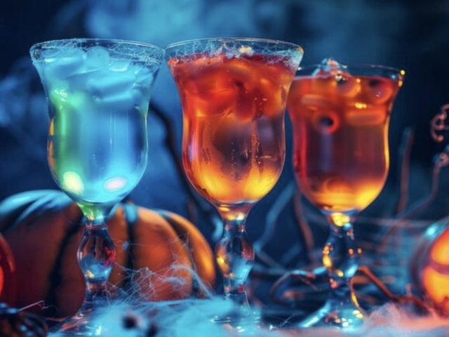 Glowing Halloween goblets with spiders and dry ice