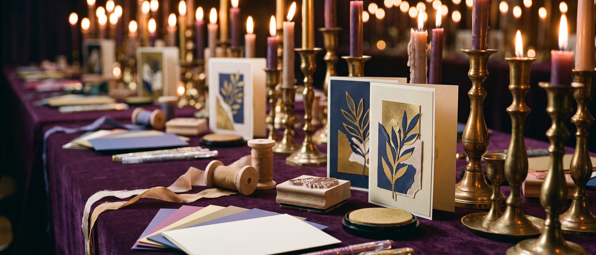 A card-making party table: coloured cardstock, ribbons, stamps and finished handmade cards among candles on purple velvet