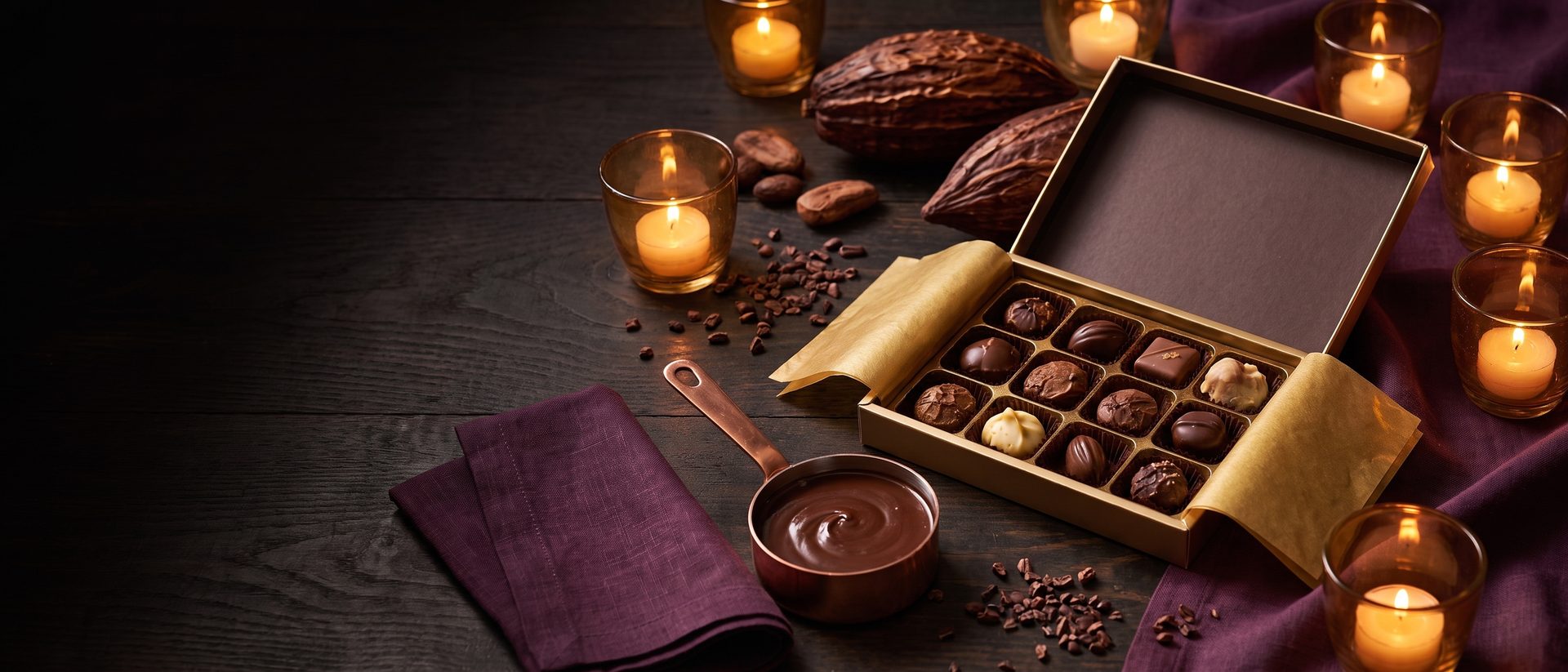 A chocolate tasting table with a box of artisan chocolates, cacao pods and candlelight