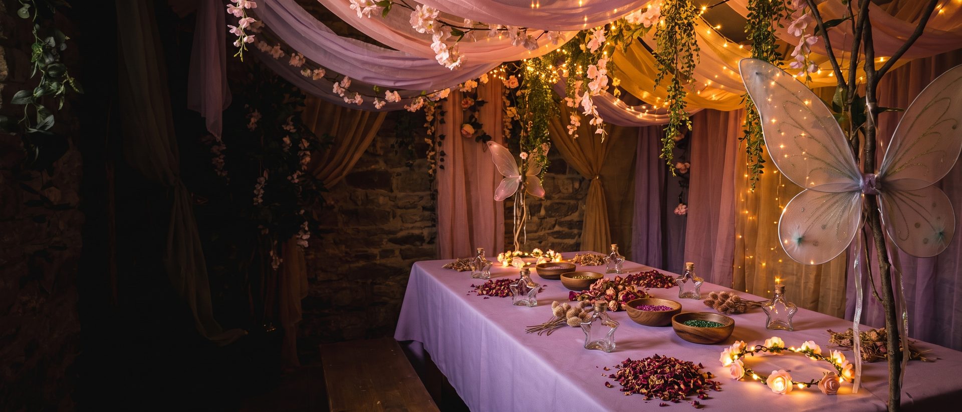 A fairy party table laid with star bottles, glitter, dried petals and light-up flower crowns