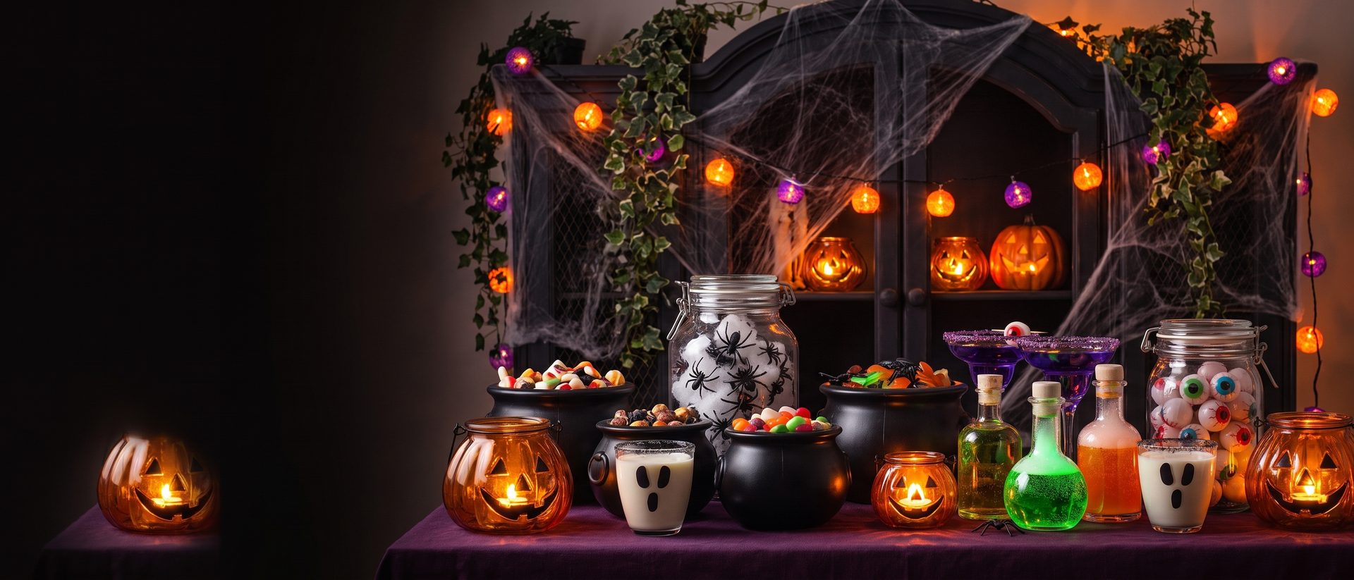 A Halloween party table with cauldrons, jars of creepy crawlies and pumpkin lanterns