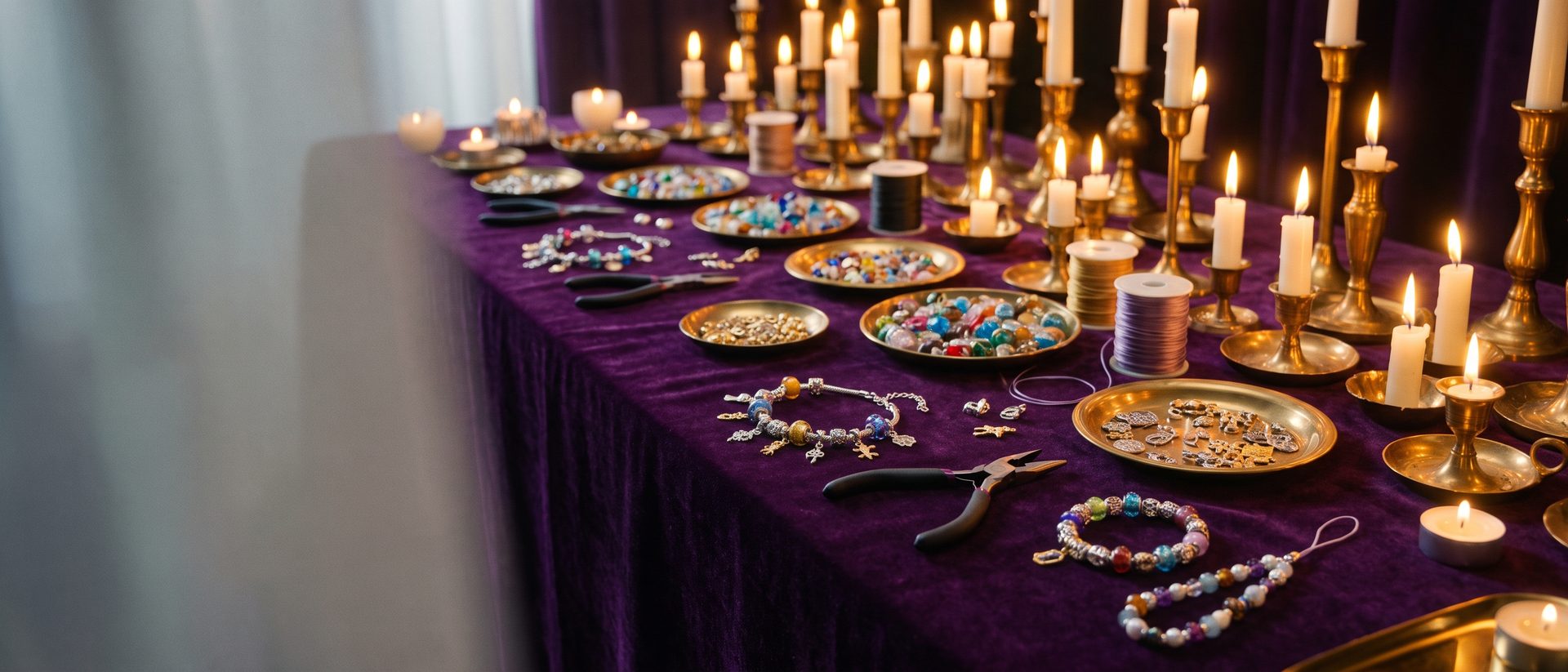 A jewellery-making party table: brass dishes of glass beads, silver charms and bracelets in progress on purple velvet, lit by candles