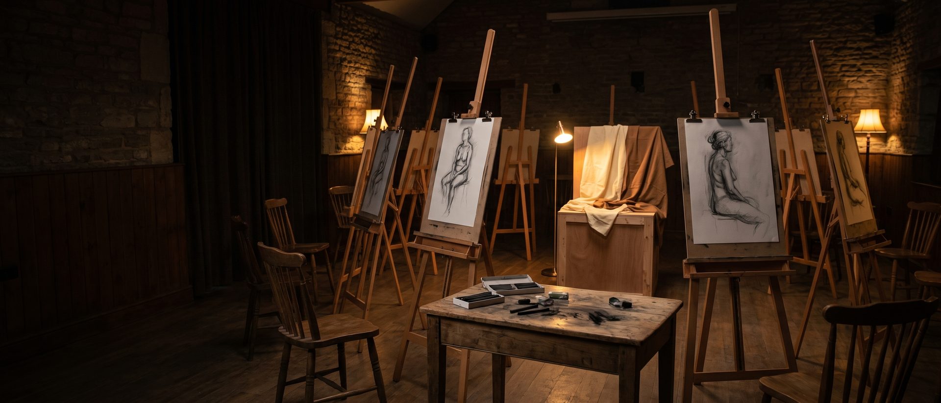 A life drawing session set up with easels, boards and charcoal in a warmly lit hall