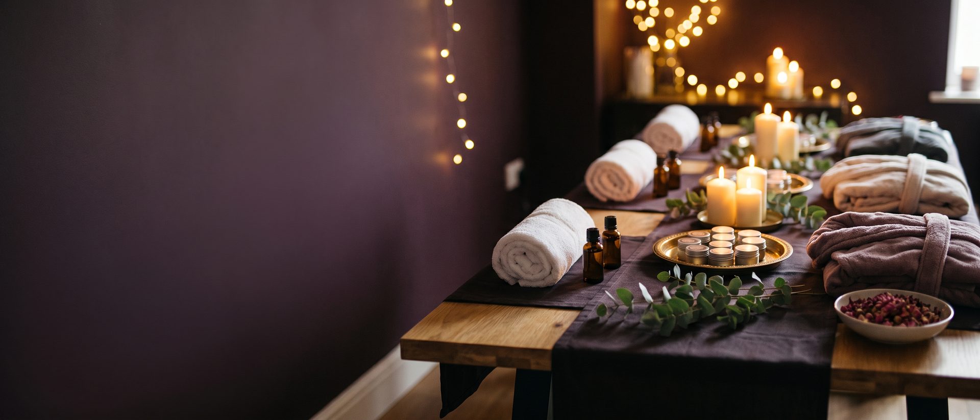 Rolled towels, massage oils, candles, robes and face-mask pots laid out on a dark cloth by candlelight