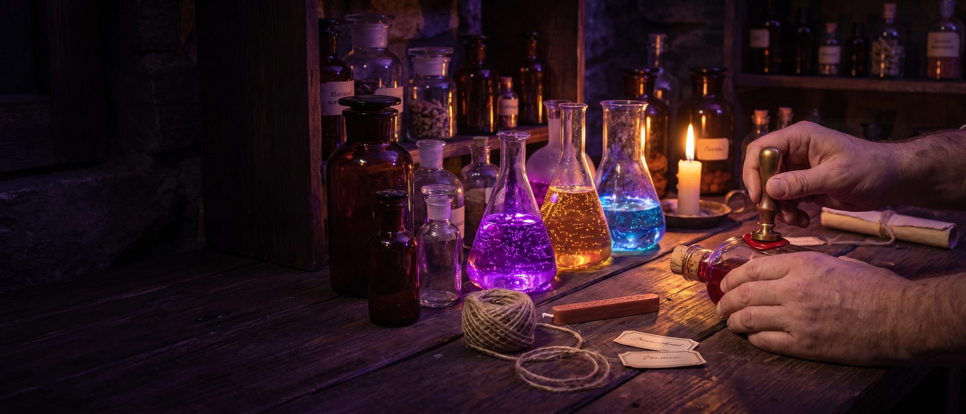 An adult potion bench with apothecary bottles, sealing wax and a brass stamp