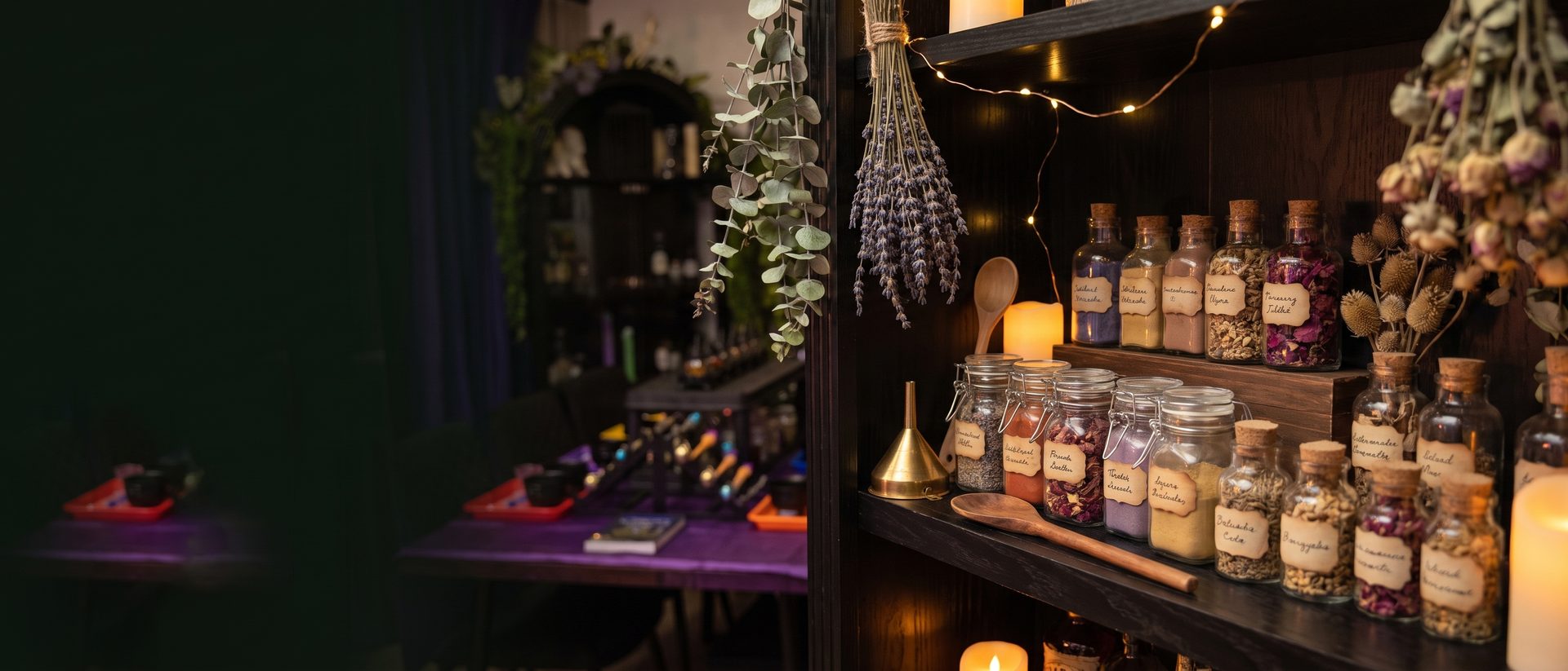 The apothecary shelf the two owners built, lined with bottles collected from car boot sales