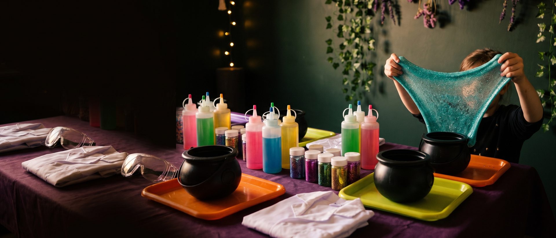 A slime laboratory bench with lab coats, goggles and rows of coloured bottles