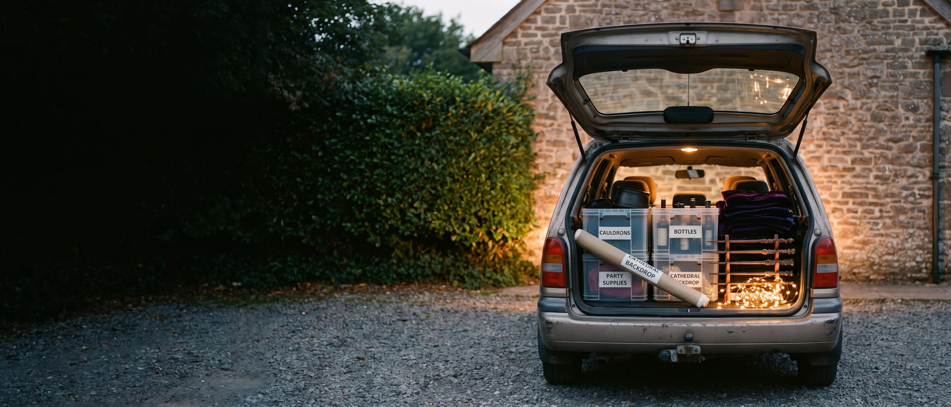 The car packed with party crates, backdrops and wands outside a Devon village hall at dusk