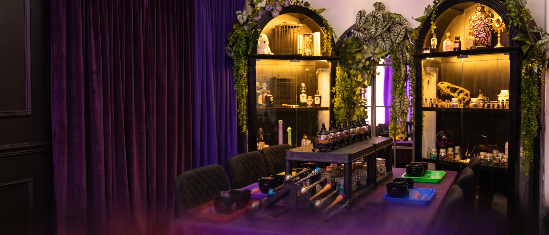 The Potion Room laid out for a party: cauldrons and wands on a purple cloth, lit cabinets of potion bottles, trailing plants and heavy curtains