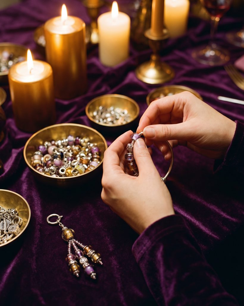 Hands threading beads onto a charm bracelet by candlelight, with dishes of beads and a finished bag charm