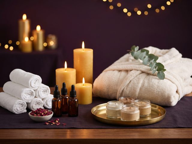 Rolled towels, candles, massage oils and face-mask pots on a purple cloth