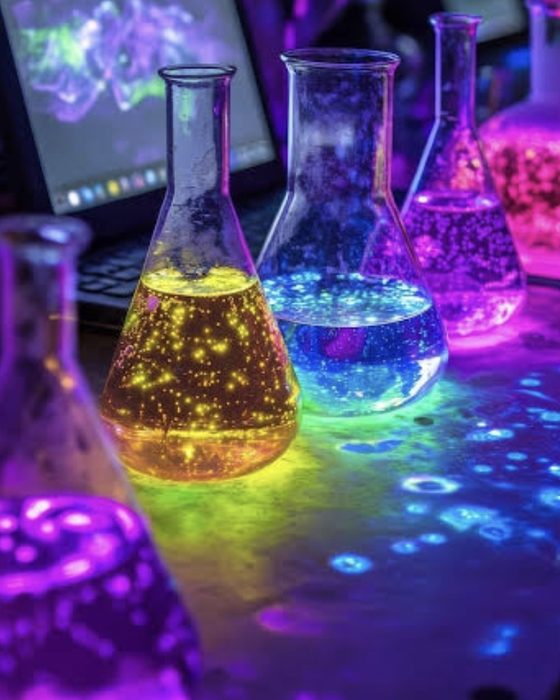 Neon potion flasks glowing green, yellow and purple