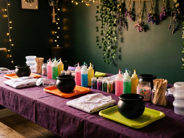 A slime workshop bench laid out with folded lab coats, goggles and rows of coloured bottles