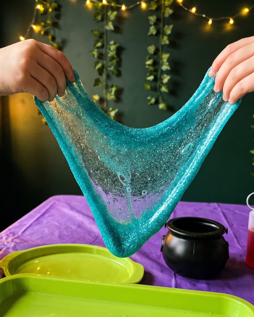 Hands pulling a sheet of glitter slime apart above a purple-covered table