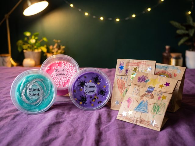 Finished tubs of slime beside decorated party bags